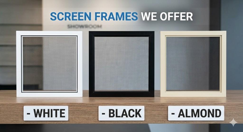 Screen frame options offered: White, Black, and Almond